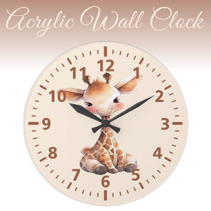 Grande Horloge Ronde Crème brune de girafe mignonne pour enfants