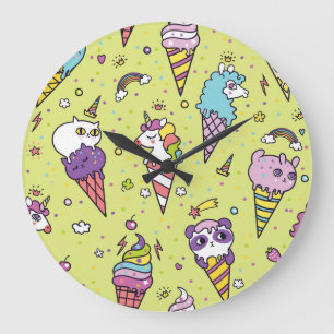 Grande Horloge Ronde Crème glacée Pop Cute : Motif animal
