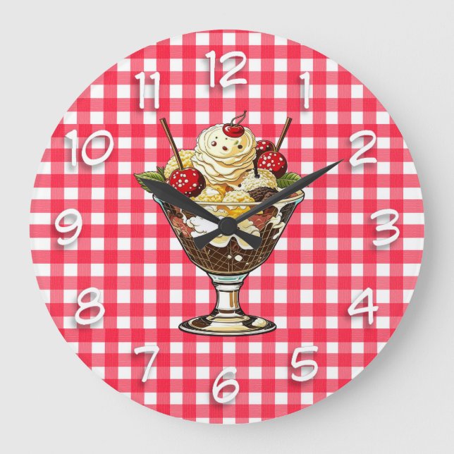 Grande Horloge Ronde Crème glacée Sundae avec cerises À damiers rouge (Recto)
