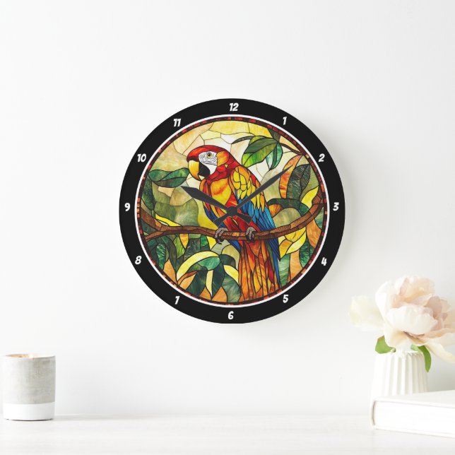 Grande Horloge Ronde Crimson Jungle Time" - Perroquet rouge en verre (Maison)