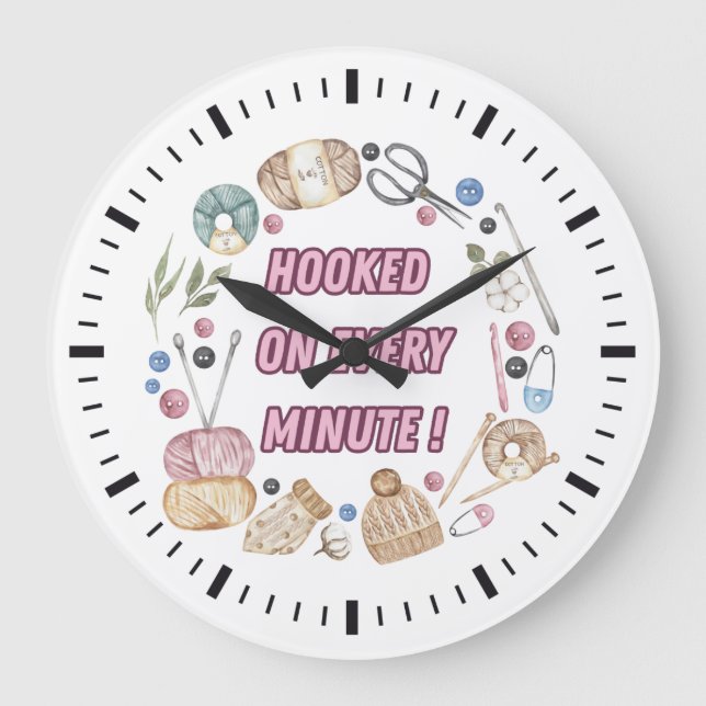 Grande Horloge Ronde Crochet Elements Cercle "Accroché à chaque minute" (Recto)