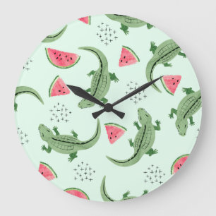 Grande Horloge Ronde Crocodile Watermelon, Motif Vintage Abstrait.