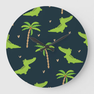 Grande Horloge Ronde Crocodiles de dessin : Alligator Palms Motif.