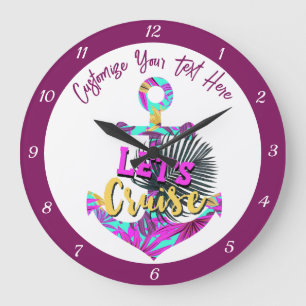 Grande Horloge Ronde Croisière Citer Ancre Bateau Purple Turquoise Voil