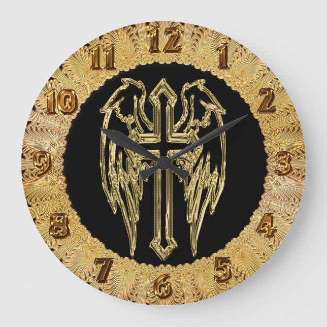 Grande Horloge Ronde Croix catholique d'or avec ailes (Recto)