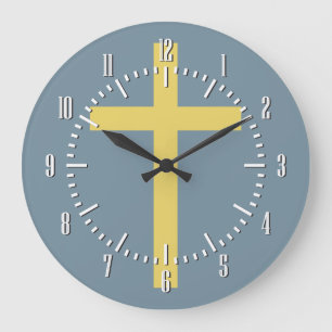 Grande Horloge Ronde Croix chrétienne de base Rapport doré Jaune Bleu