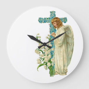 Grande Horloge Ronde Croix chrétienne fleurie bleue