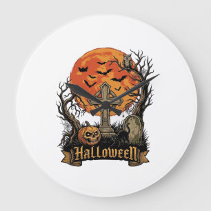 Grande Horloge Ronde Croix de Halloween Pierre Tombale Crâne Citrouille