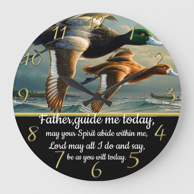Grande Horloge Ronde Croix de la foi chrétienne d'or avec canards (Recto)