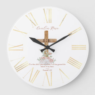 Grande Horloge Ronde Croix en bois Fleurs blanches et roses Verset de l