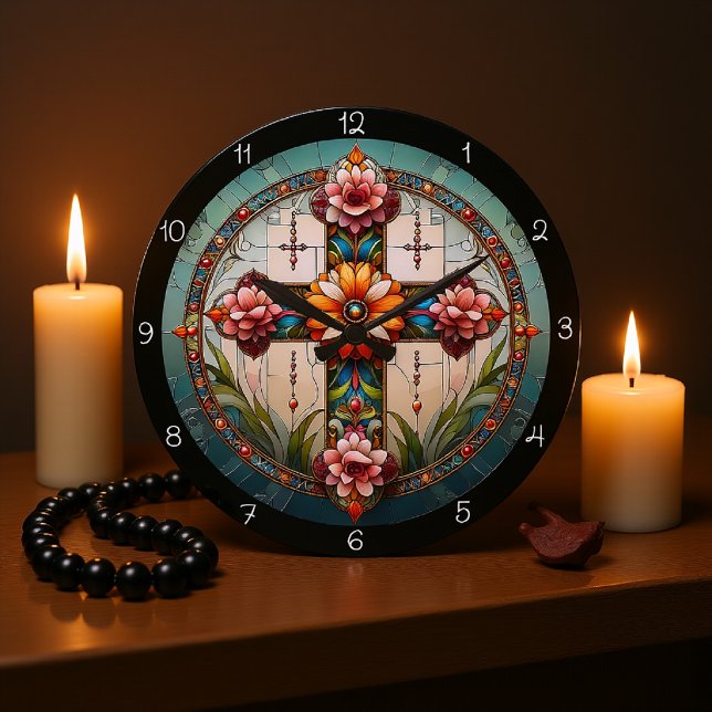 Grande Horloge Ronde Croix florale en verre tendu (Créateur téléchargé)