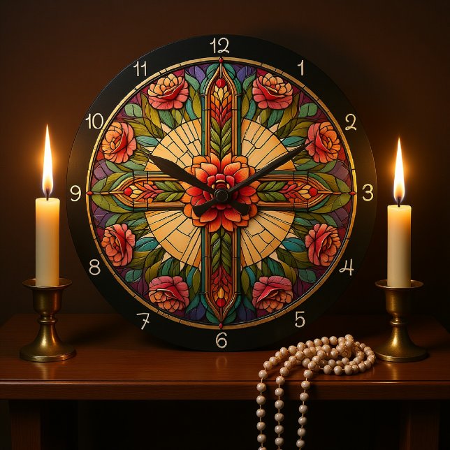 Grande Horloge Ronde Croix rose en verre (Créateur téléchargé)