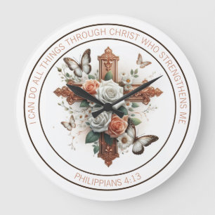 Grande Horloge Ronde Croix, Rose, papillons et Verse biblique