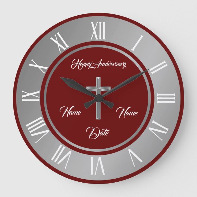 Grande Horloge Ronde Croix simple personnalisable Argent Anniversaire (Recto)