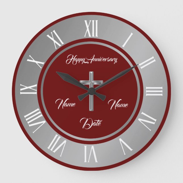 Grande Horloge Ronde Croix simple personnalisable argent Anniversaire d (Recto)