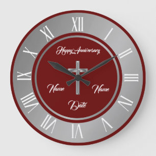 Grande Horloge Ronde Croix Simple Personnaliser Argent Anniversaire