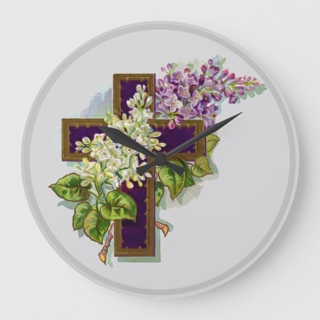 Grande Horloge Ronde Croix Violette Et Fleurs (Recto)