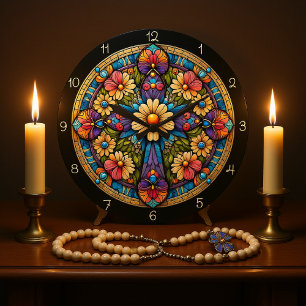 Grande Horloge Ronde Croix vive en verre floral