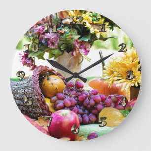Grande Horloge Ronde Cronucopie d'action de grâce avec Fruits et Fleurs