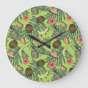 Grande Horloge Ronde Croquis de fruits tropicaux sur le Motif vert
