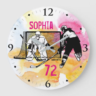 Grande Horloge Ronde Croquis de hockey féminin personnalisé Numéro de n