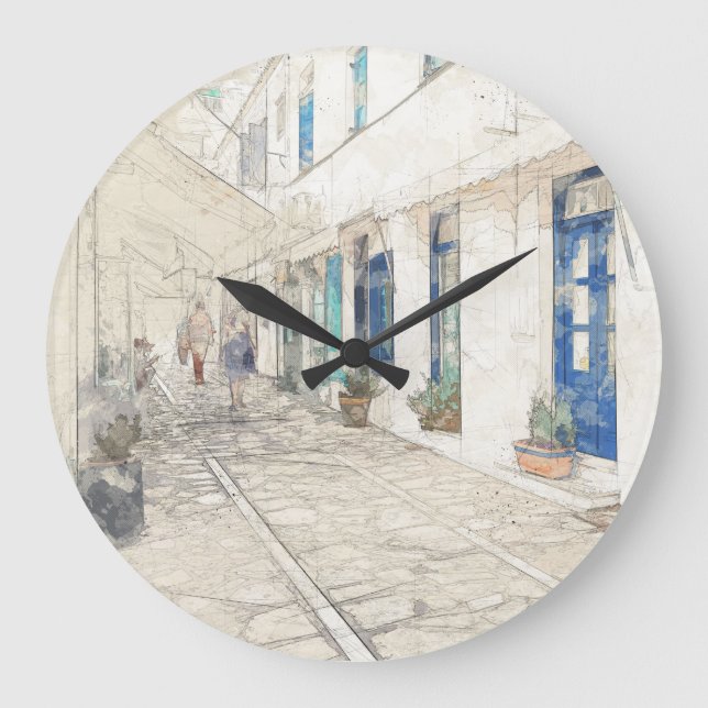 Grande Horloge Ronde Croquis de la marche dans les rues grecques tradit (Recto)