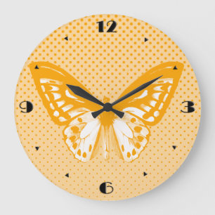 Grande Horloge Ronde Croquis de papillon, corail orange
