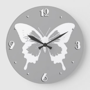 Grande Horloge Ronde Croquis de papillon, gris argenté et blanc