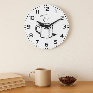 Grande Horloge Ronde Croquis de tasse à café dessiné à la main Minimali