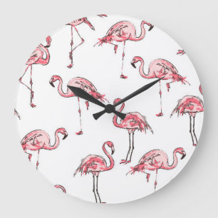 Grande Horloge Ronde Croquis Flamant rose : Motif Vintage tropical.