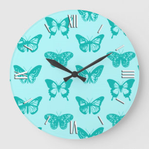 Grande Horloge Ronde Croquis papillon, aqua et turquoise