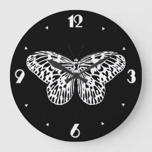 Grande Horloge Ronde Croquis papillon, blanc et noir
