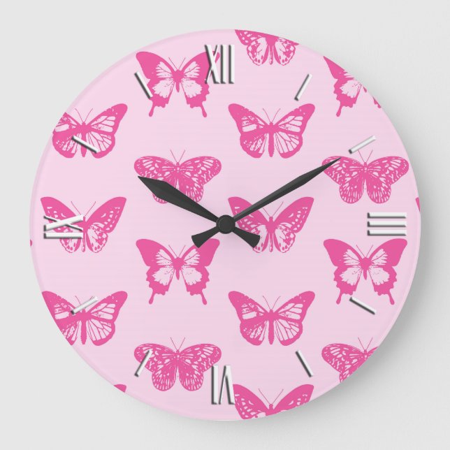 Grande Horloge Ronde Croquis papillon, rose pâle et fuchsia (Recto)