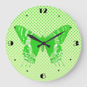 Grande Horloge Ronde Croquis papillon, vert citron