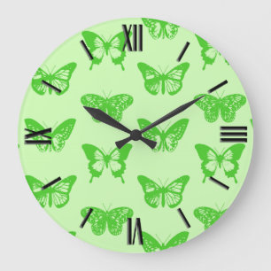 Grande Horloge Ronde Croquis papillon, vert citron
