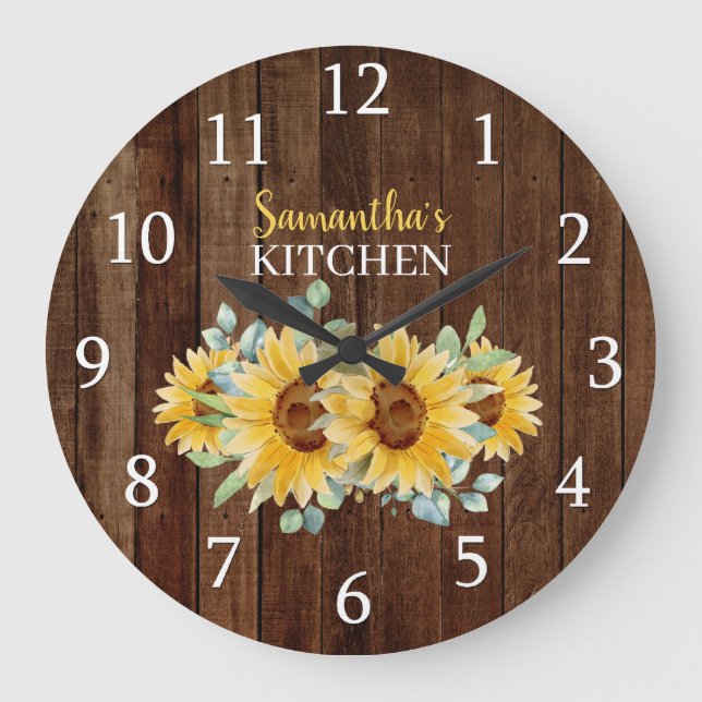 Grande Horloge Ronde Cuisine Agricole Rustique En Bois Et Fleurs De Sol (Recto)
