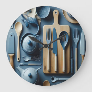 Grande Horloge Ronde Cuisine Bleue Cuisine Ustensiles Papier Peint Esth