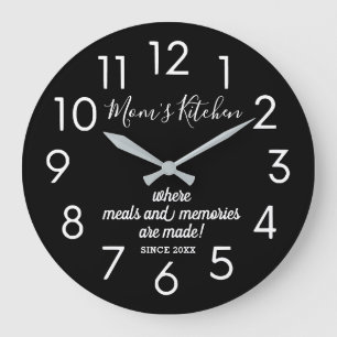Grande Horloge Ronde Cuisine de maman personnalisée en noir et blanc mo