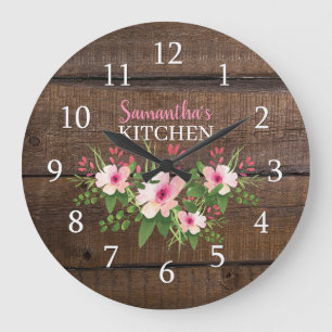 Grande Horloge Ronde Cuisine En Bois Sombre Et Floral Rose Personnalis