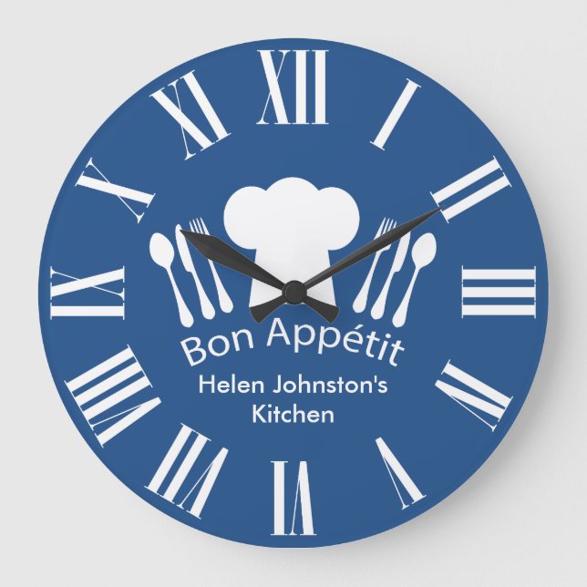 Grande Horloge Ronde Cuisine gastronomique Bon Appetit Bleu et Blanc (Recto)
