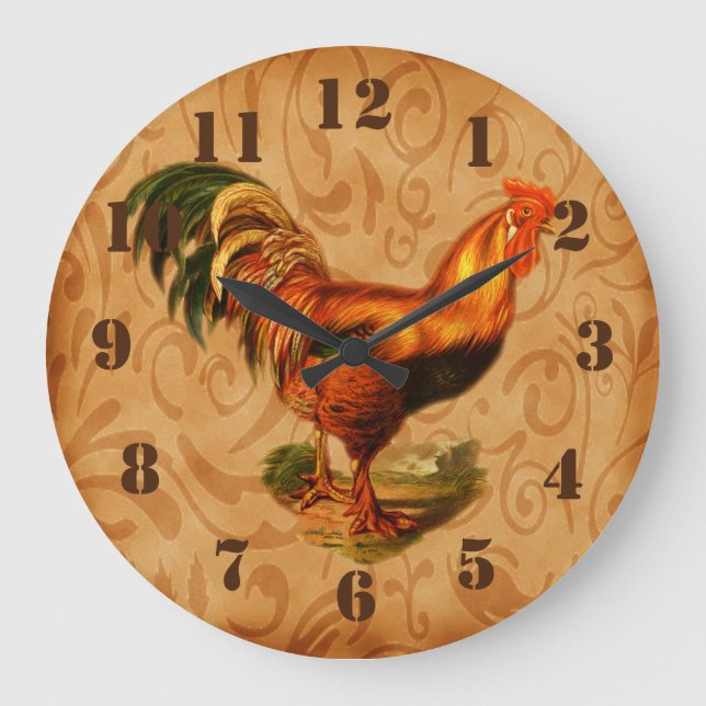 Grande Horloge Ronde Cuisine ornementée à la feuille de coq rustique (Recto)