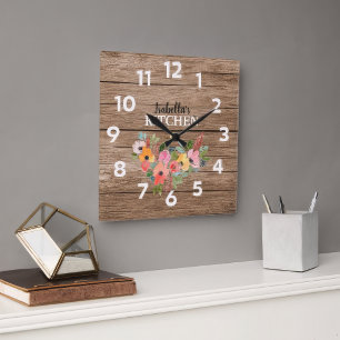 Grande Horloge Ronde Cuisine Rustique Personnalisée En Bois Et Rose Flo