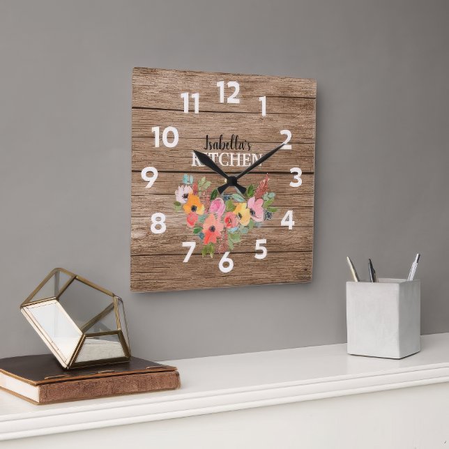 Grande Horloge Ronde Cuisine Rustique Personnalisée En Bois Et Rose Flo (Personalized Rustik Wood )