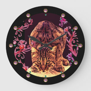 GRANDE HORLOGE RONDE CUISINE SAUVAGE CHAT, ESPACES FLORAUX ROSE NOIR