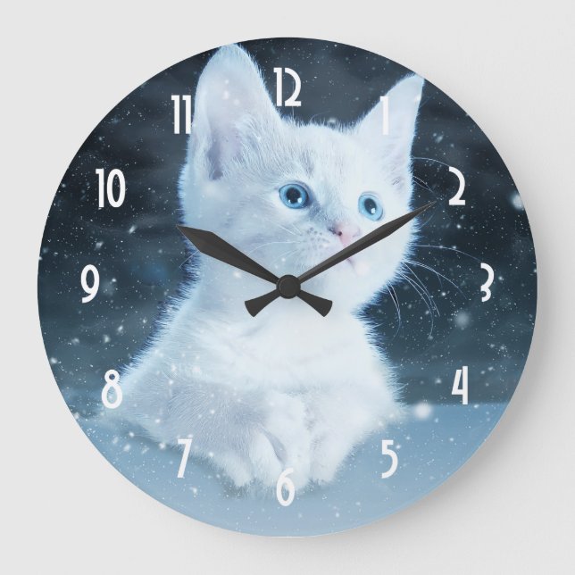 Grande Horloge Ronde Cuite Kitten blanc avec de beaux yeux bleus (Recto)