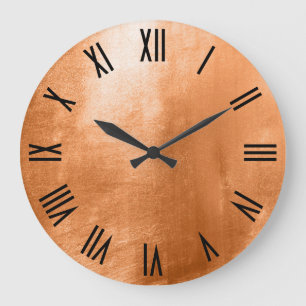 Grande Horloge Ronde Cuivre Brillant Faux Chiffres Romains Noirs Feuill