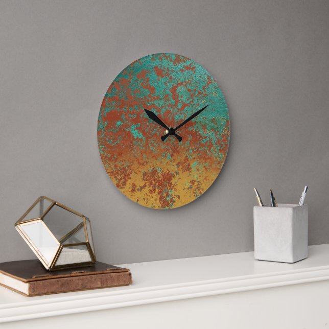 Grande Horloge Ronde Cuivre Turquoise Bleu Orange Texture Brown (Bureau)