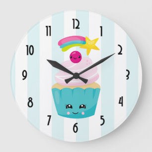 Grande Horloge Ronde Cupcake bleu mignon avec visage Kawaii