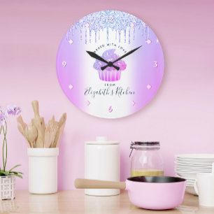 Grande Horloge Ronde Cupcake Boulangerie Pâtisserie Chef Purple Parties