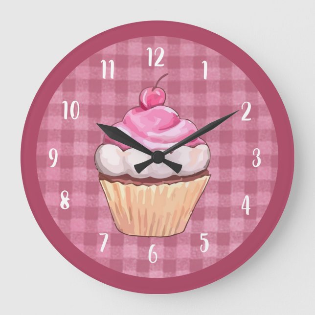 Grande Horloge Ronde Cupcake Cute Rose En vichy boulangerie Dessert (Recto)